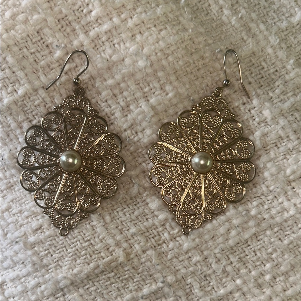 Gold Filigree Dangle Earrings with Intricate Design